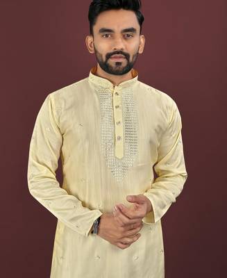 Yellow embroidered silk straight kurta 4