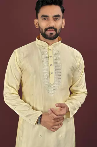 Yellow embroidered silk straight kurta