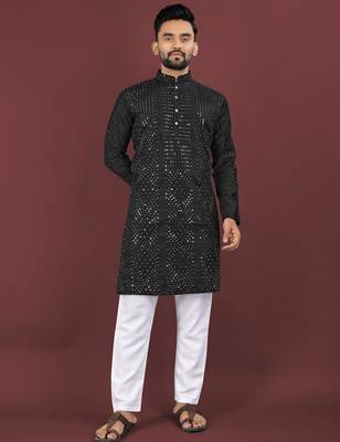 Black embroidered silk straight kurta 1