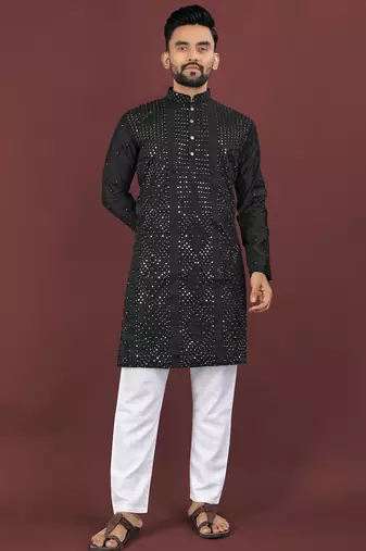 Black embroidered silk straight kurta