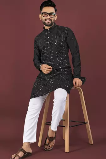 Black embroidered silk straight kurta