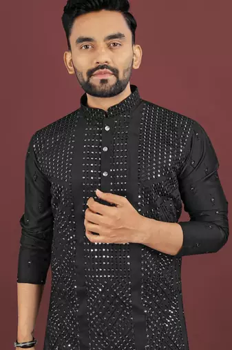 Black embroidered silk straight kurta