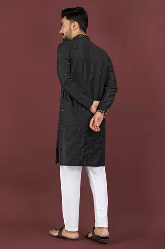 Black embroidered silk straight kurta