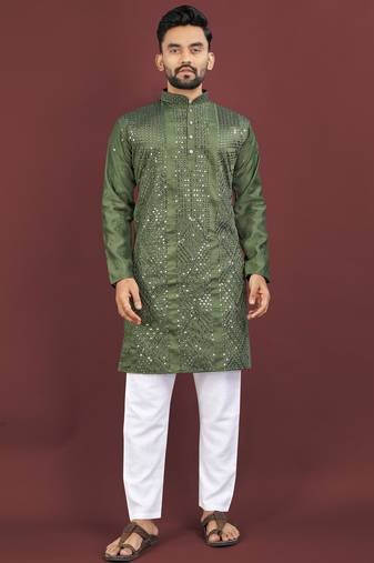 Dark green embroidered silk straight kurta