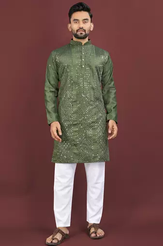 Dark green embroidered silk straight kurta