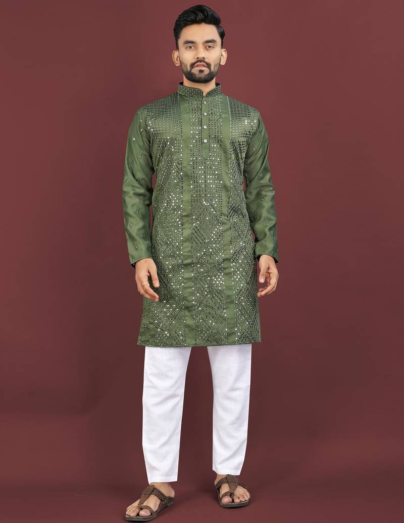 Dark green embroidered silk straight kurta