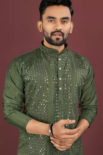 Dark green embroidered silk straight kurta