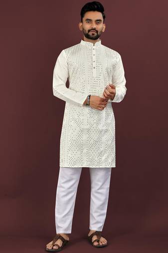 White embroidered silk straight kurta