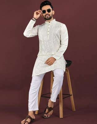 White embroidered silk straight kurta 2