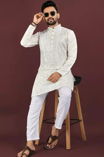 White embroidered silk straight kurta