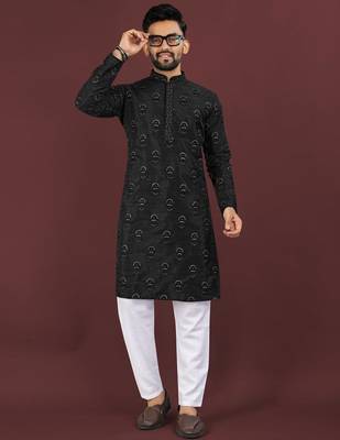Black embroidered silk straight kurta 1