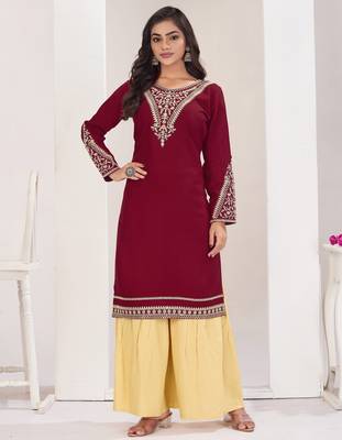 Superior quality rayon fabric maroon color embroidery kurta with sharara 1
