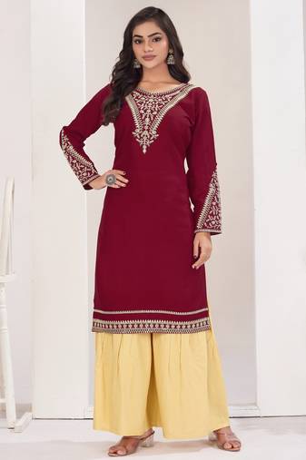 Superior quality rayon fabric maroon color embroidery kurta with sharara