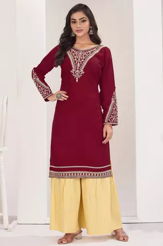 Superior quality rayon fabric maroon color embroidery kurta with sharara