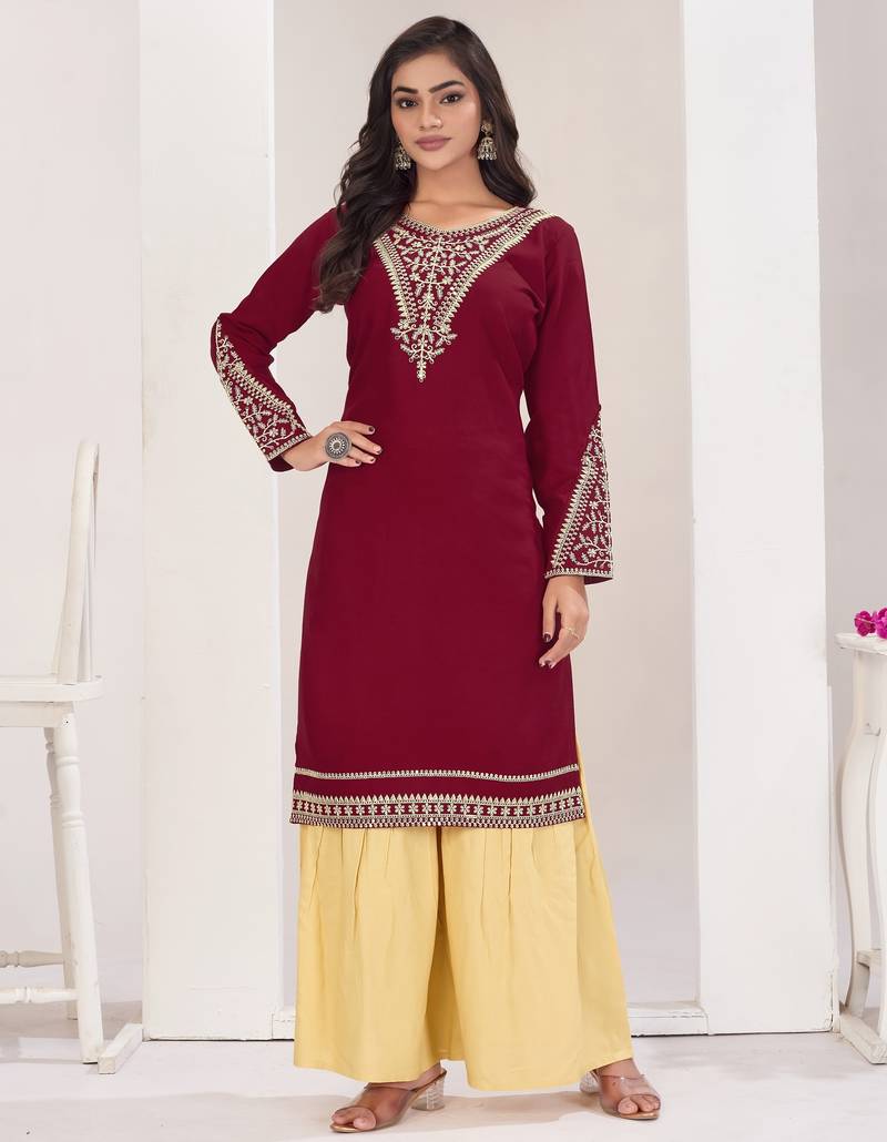 Superior quality rayon fabric maroon color embroidery kurta with sharara
