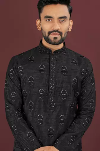 Black embroidered silk straight kurta