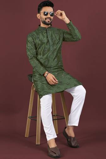 Green embroidered silk straight kurta