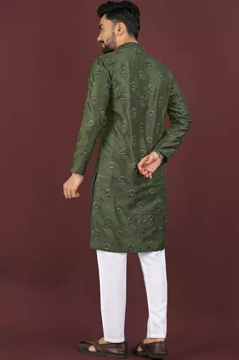 Green embroidered silk straight kurta