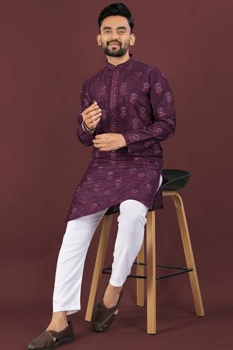 Puple embroidered silk straight kurta