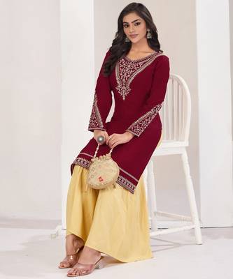 Superior quality rayon fabric maroon color embroidery kurta with sharara 2