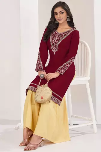 Superior quality rayon fabric maroon color embroidery kurta with sharara