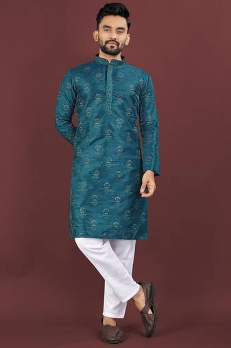 Teal embroidered silk straight kurta