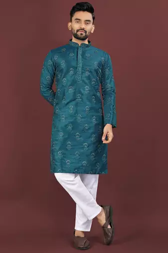Teal embroidered silk straight kurta