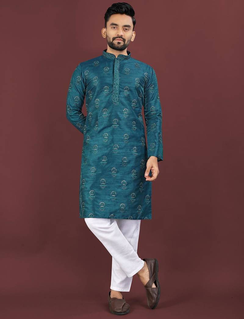 Teal embroidered silk straight kurta
