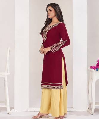 Superior quality rayon fabric maroon color embroidery kurta with sharara 4