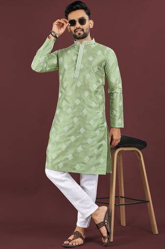 Green embroidered silk straight kurta