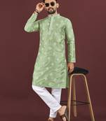 Green embroidered silk straight kurta