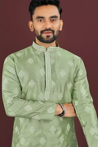 Green embroidered silk straight kurta