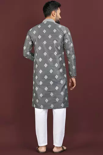 Grey embroidered silk straight kurta