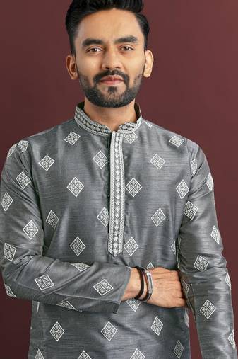 Grey embroidered silk straight kurta