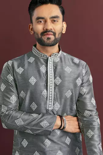 Grey embroidered silk straight kurta