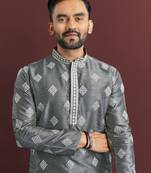 Grey embroidered silk straight kurta