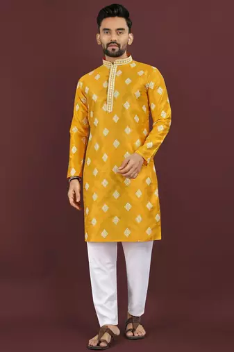 Yellow embroidered silk straight kurta
