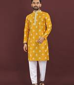 Yellow embroidered silk straight kurta