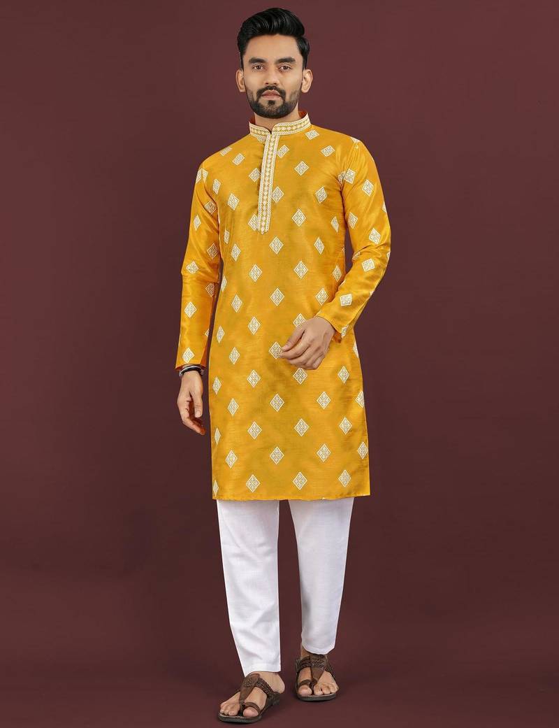 Yellow embroidered silk straight kurta