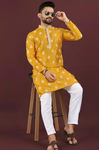 Yellow embroidered silk straight kurta