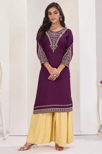 Superior quality rayon fabric wine color embroidery kurta with sharara