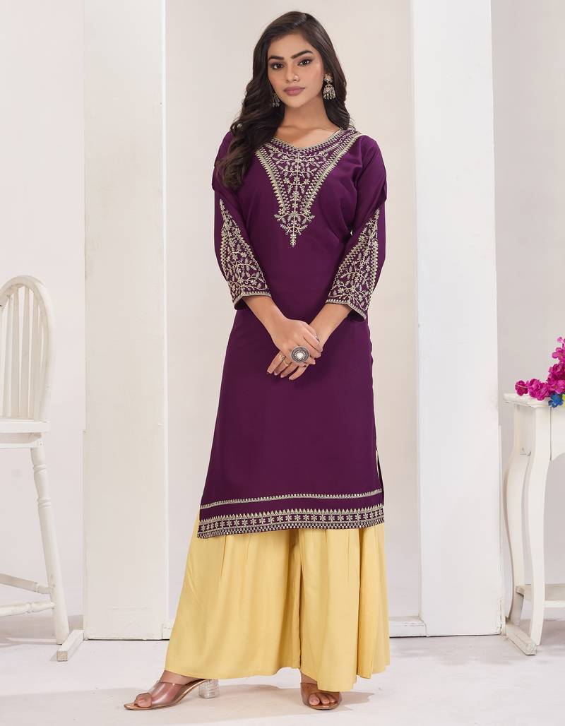 Superior quality rayon fabric wine color embroidery kurta with sharara