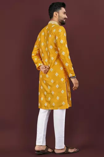 Yellow embroidered silk straight kurta