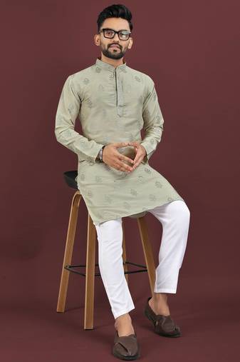 Green embroidered silk straight kurta