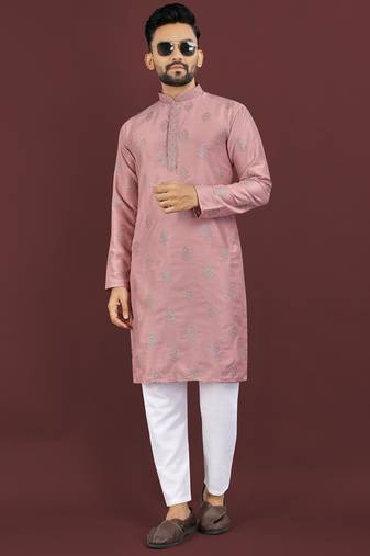 Pink embroidered silk straight kurta