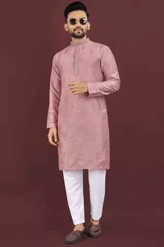 Pink embroidered silk straight kurta