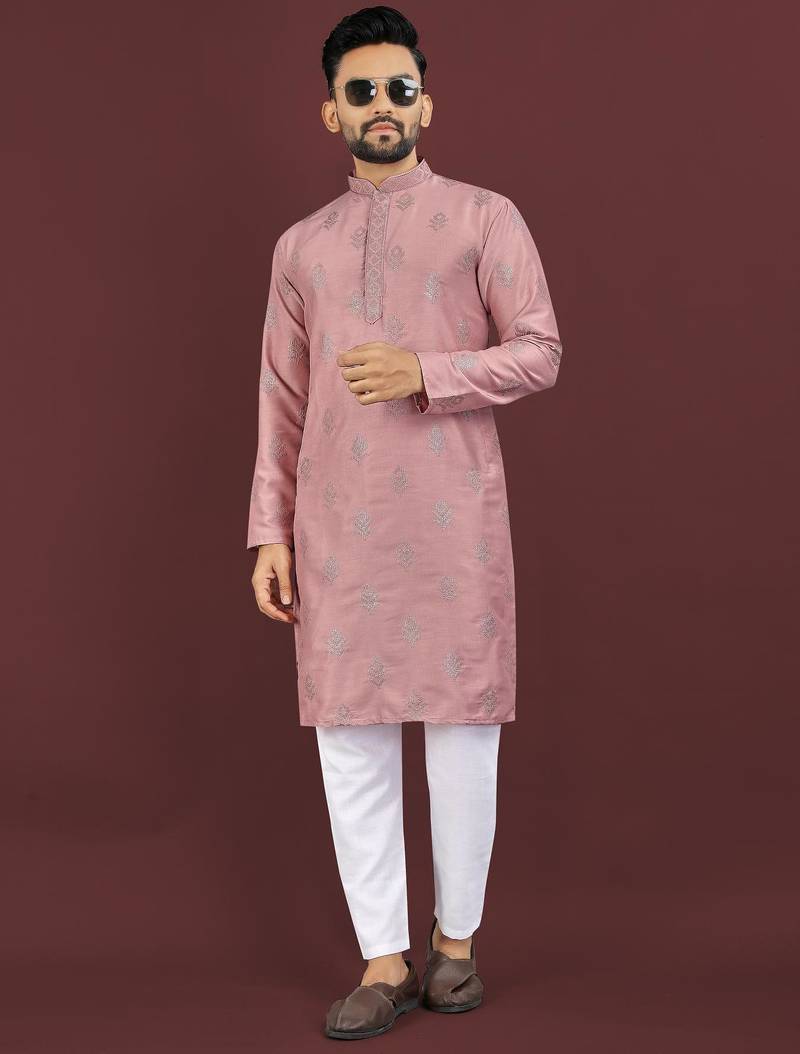 Pink embroidered silk straight kurta