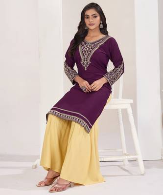 Superior quality rayon fabric wine color embroidery kurta with sharara 2
