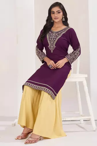Superior quality rayon fabric wine color embroidery kurta with sharara