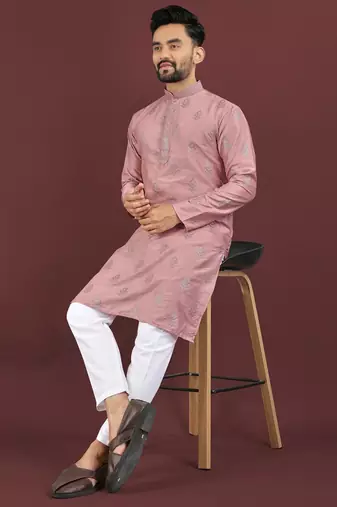 Pink embroidered silk straight kurta